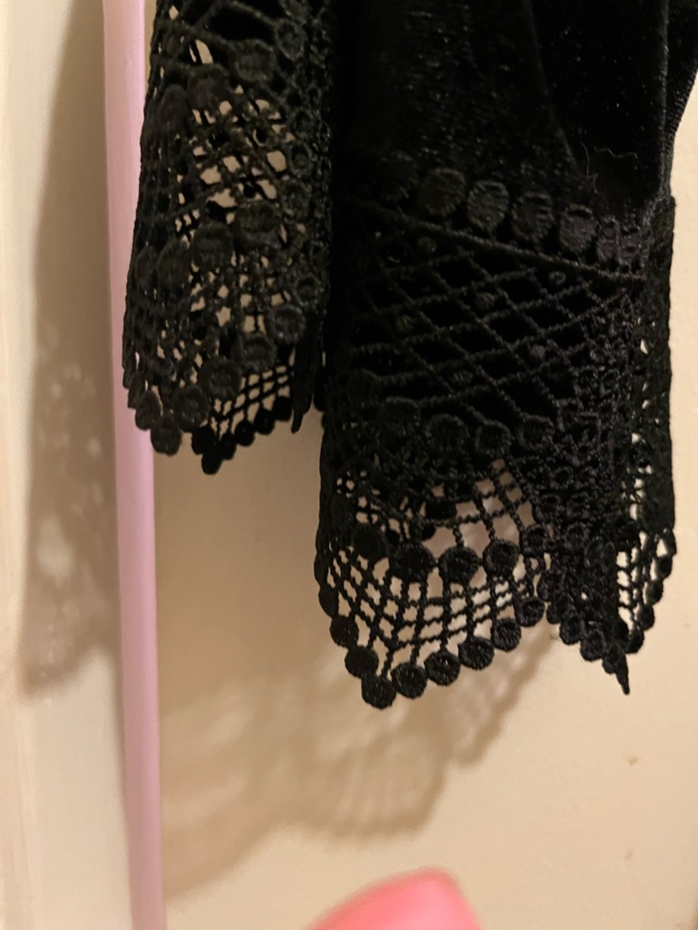 Black Velvet Long Robe with Lace Trim - Picture 2 of 5